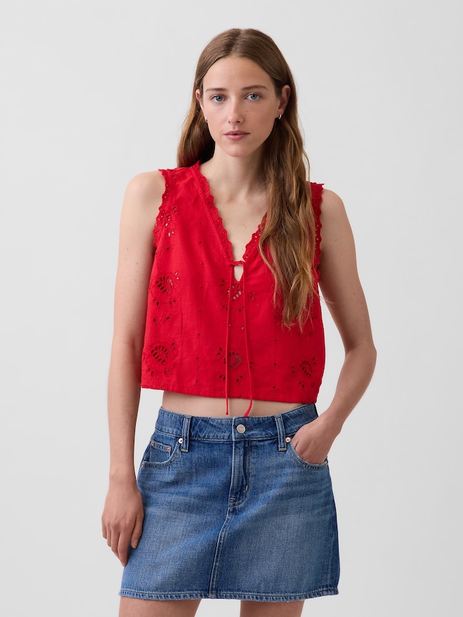 リネンブレンド 刺しゅう クロップド シェルタンクトップ-0