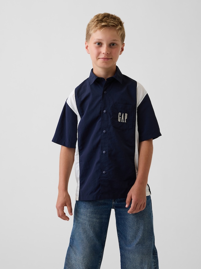 リサイクル100％ リラックスフィット カラーブロック ナイロンシャツ (キッズ)-0