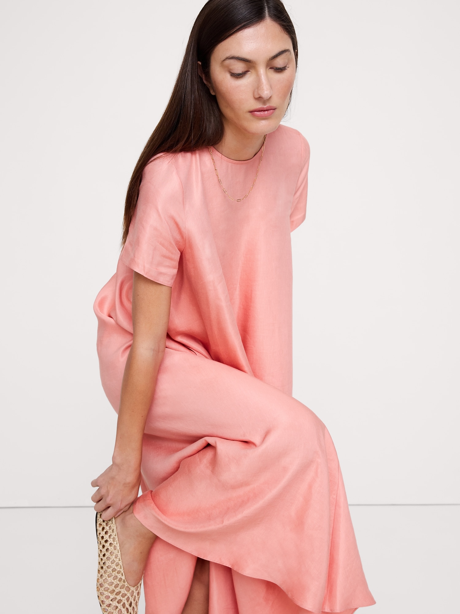 ビスコース リネン トラペーズ マキシ ドレス-3