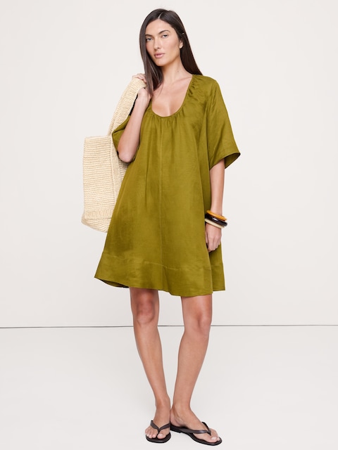 ROBE COURTE EN LIN ET VISCOSE À ENCOLURE DÉGAGÉE