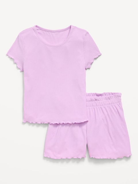Ribbed Lettuce-Edge Pajama Top and Shorts Set for Girls