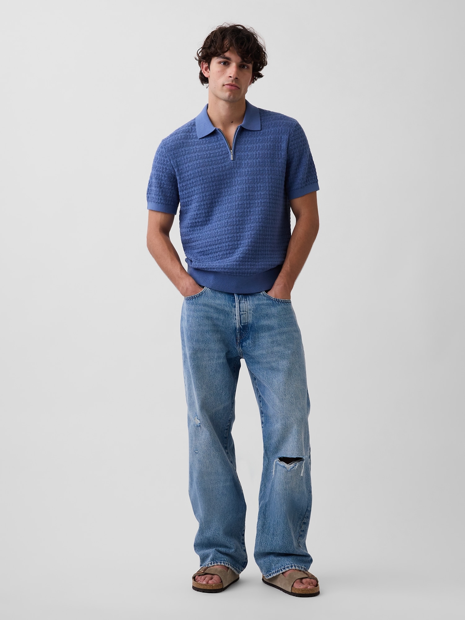 Textured Zip Polo Shirt Sweater