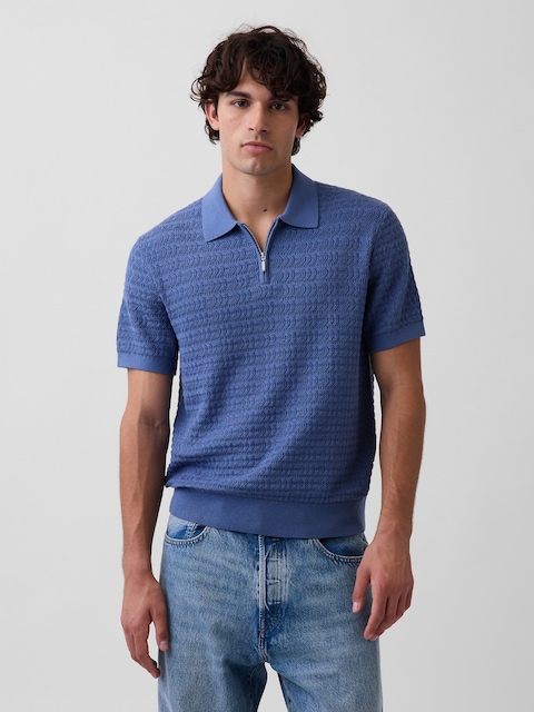 Textured Zip Polo Sweater Shirt