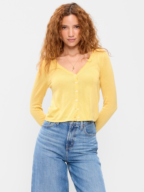 V-Neck Long-Sleeve Sheer Cropped Cardigan