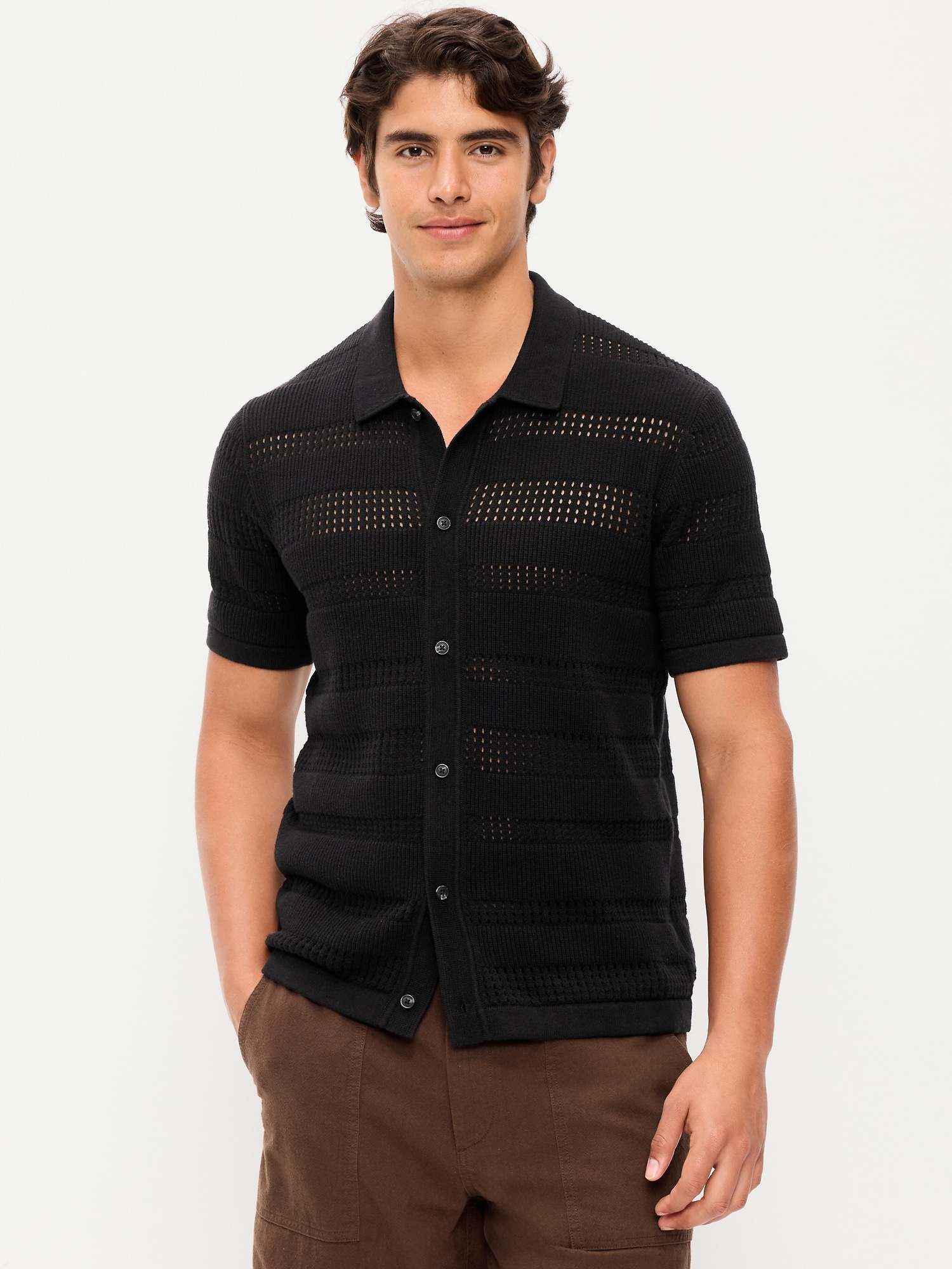 Short-Sleeve Open-Knit Sweater Shirt