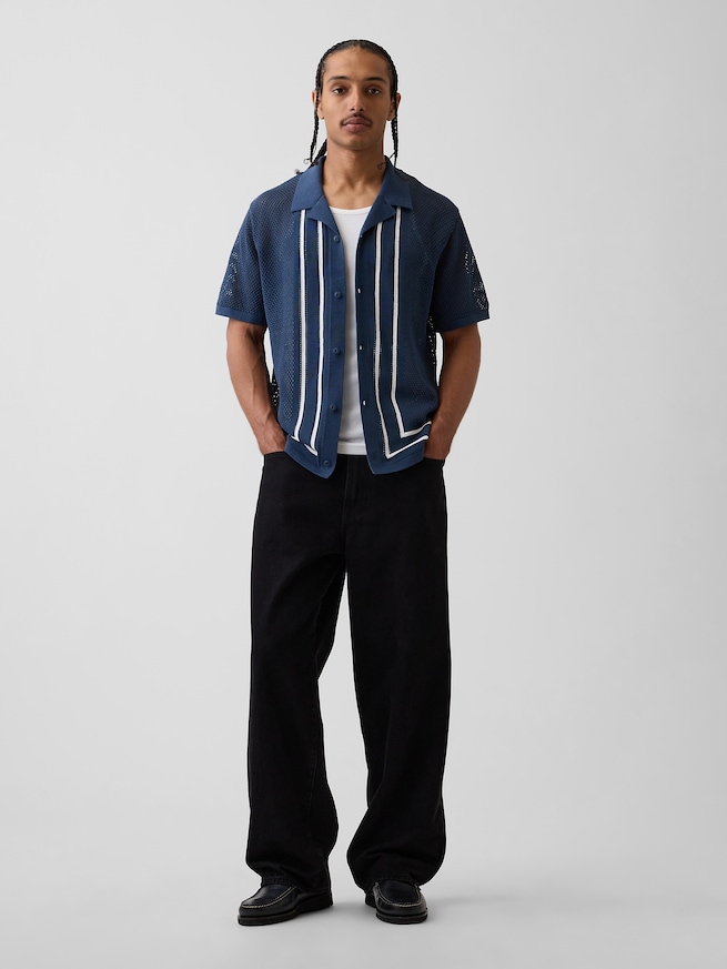 ストライプ キャンプ 襟付きニットシャツ-1