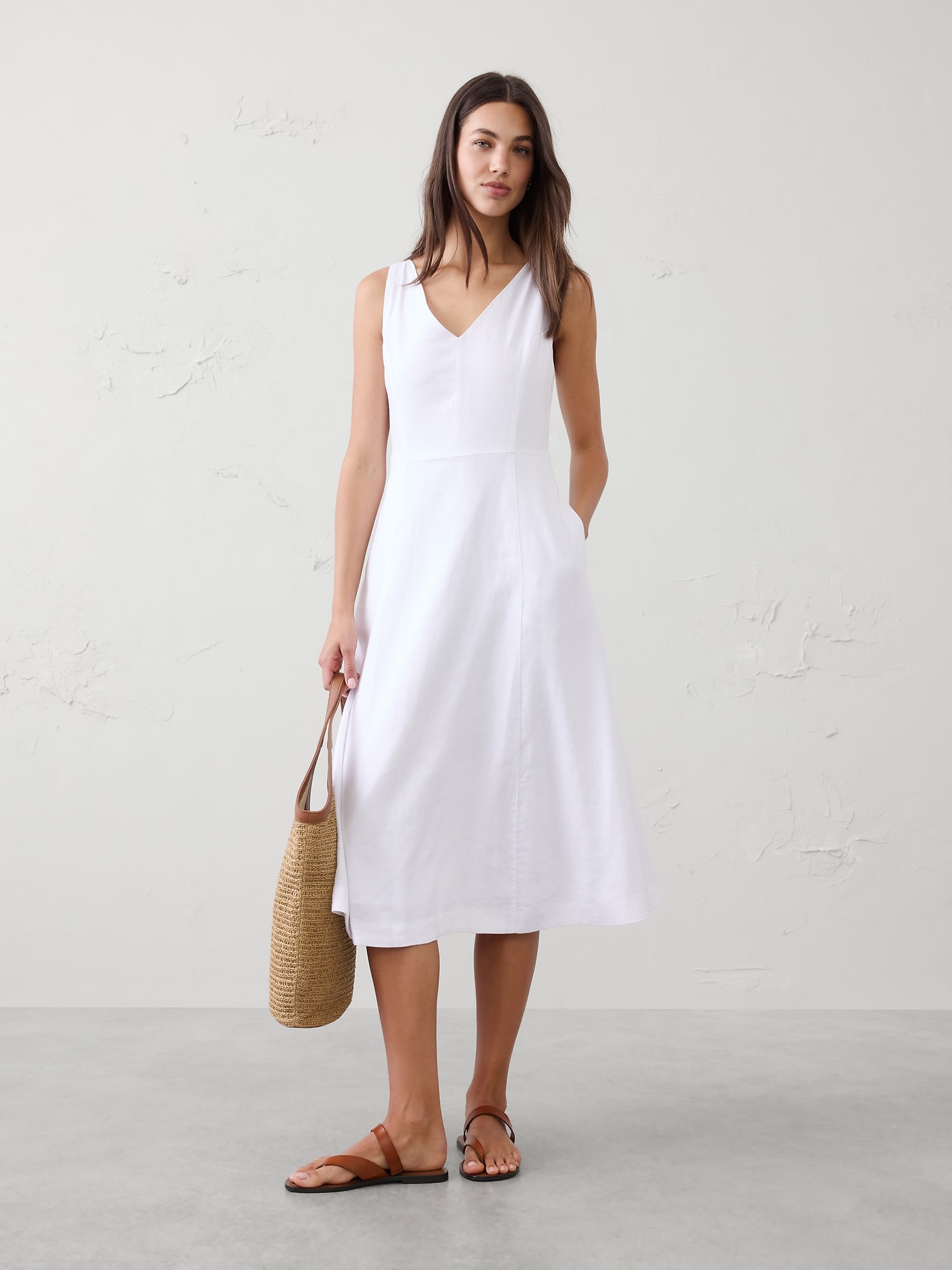 Linen-Blend Drapey Midi Dress