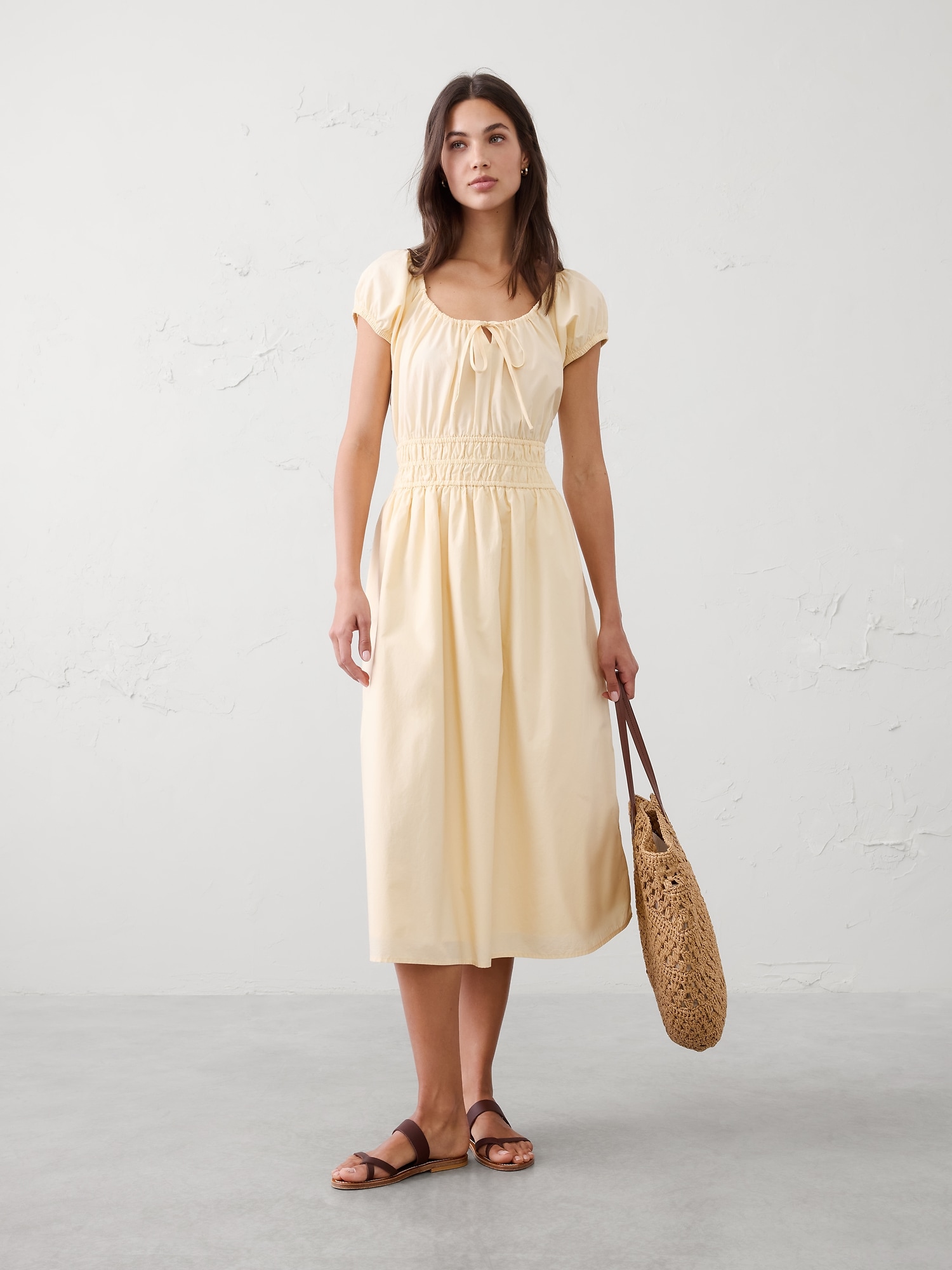 Poplin Gathered-Neck Midi Dress