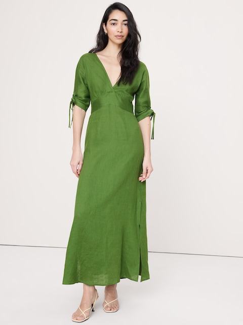 ROBE MI-LONGUE EN LIN AVEC MANCHES NOUÉES
