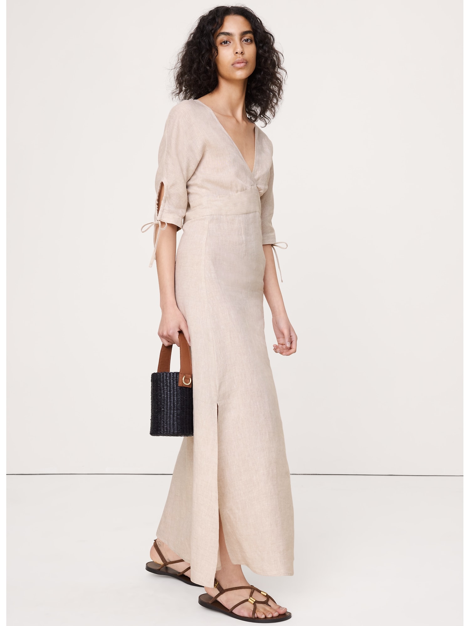 Linen Tie-Sleeve Midi Dress
