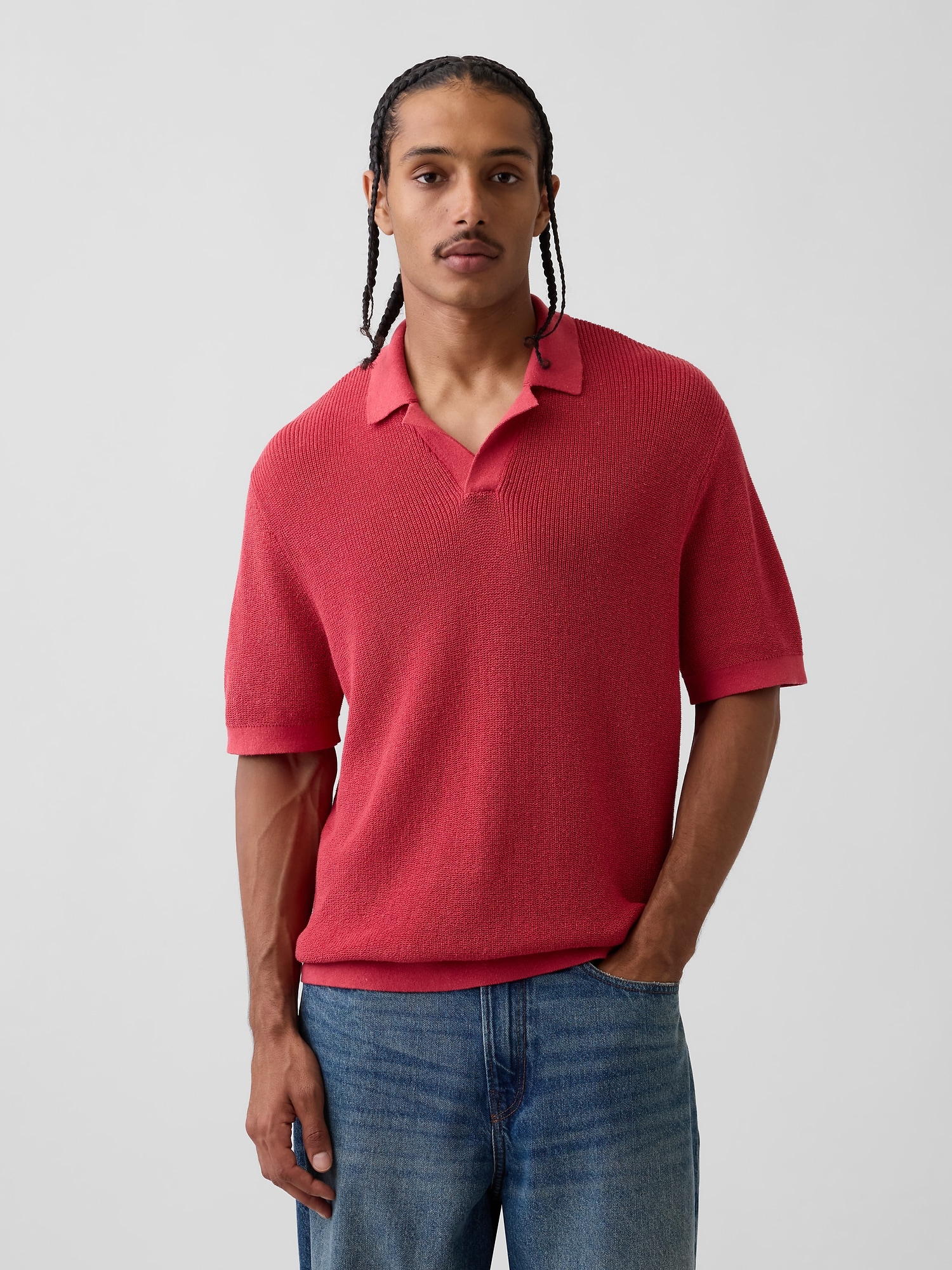 Linen-Blend Camp Polo Sweater Shirt