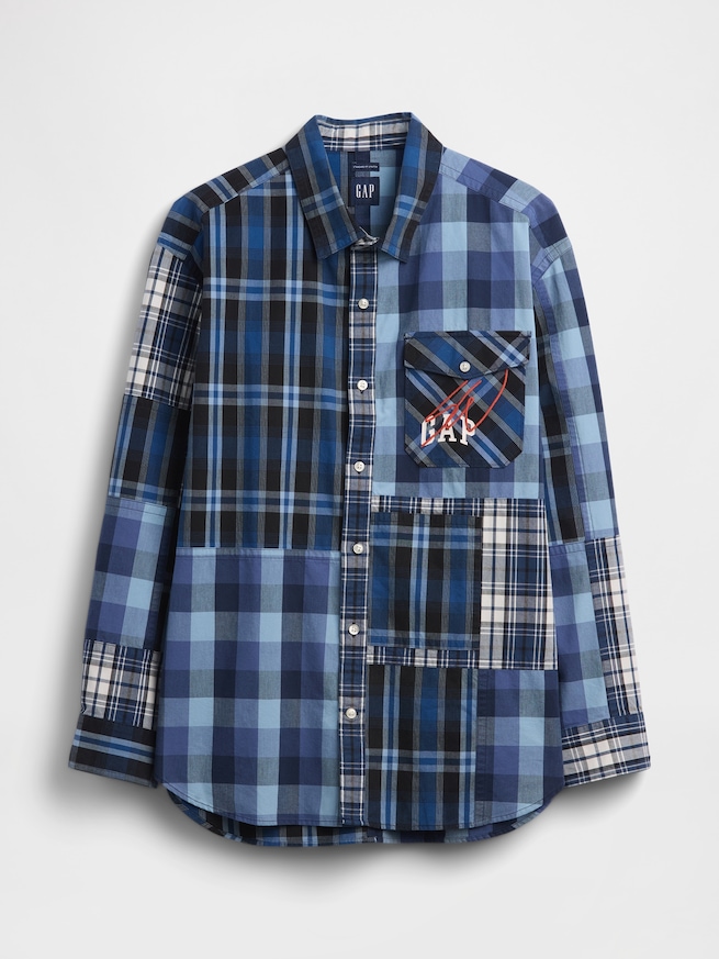 Gap &times; Sean Wotherspoon オーバーサイズ パッチワーク プレイド ロゴシャツ-4