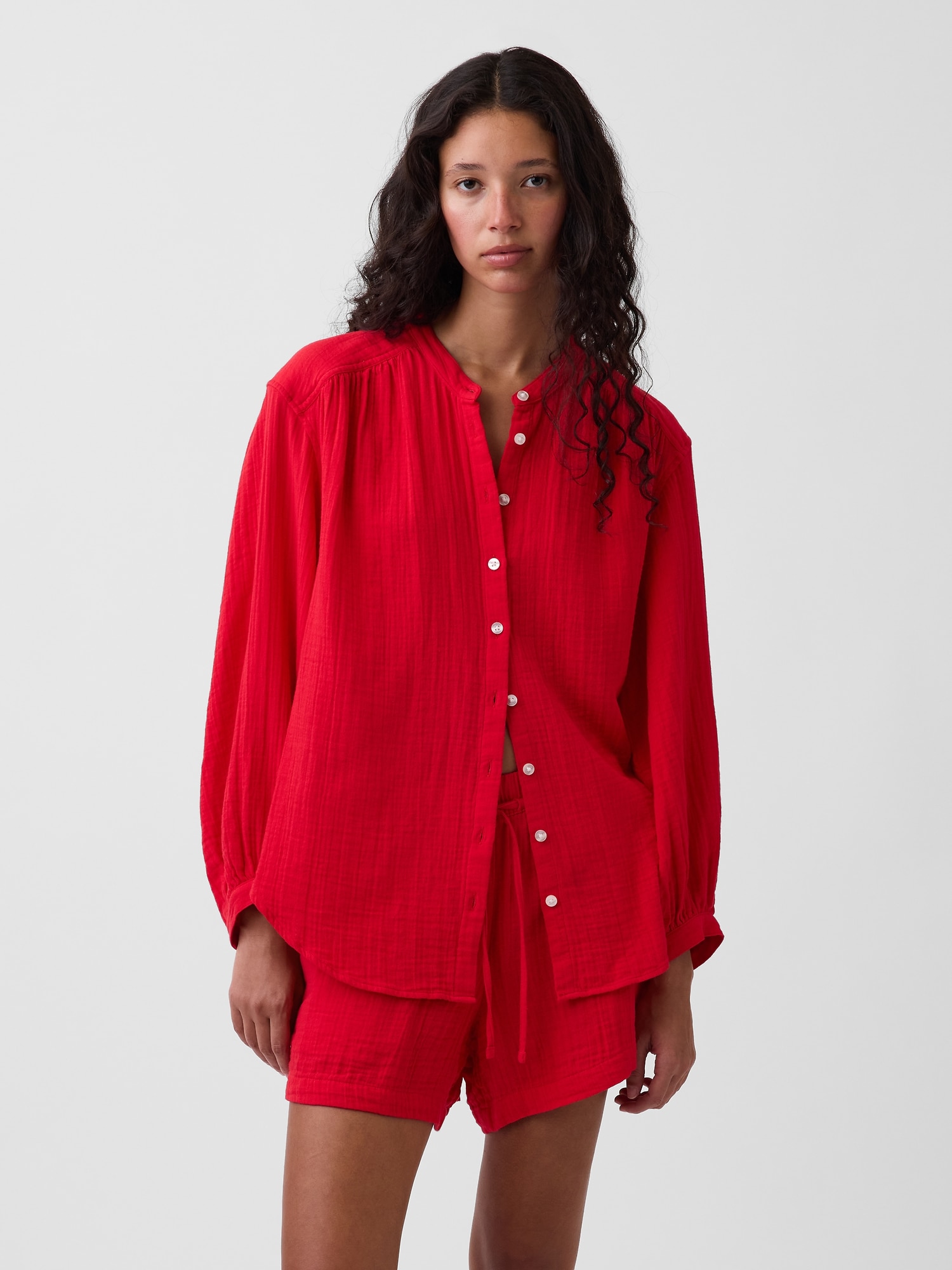 Cotton Gauze Oversized Collarless Shirt