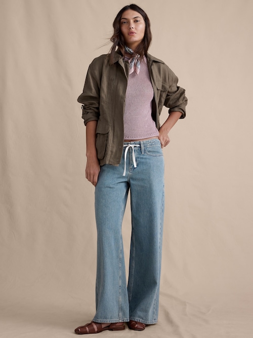 ミッドライズ ワイドレッグ ドローストリング ジーンズ