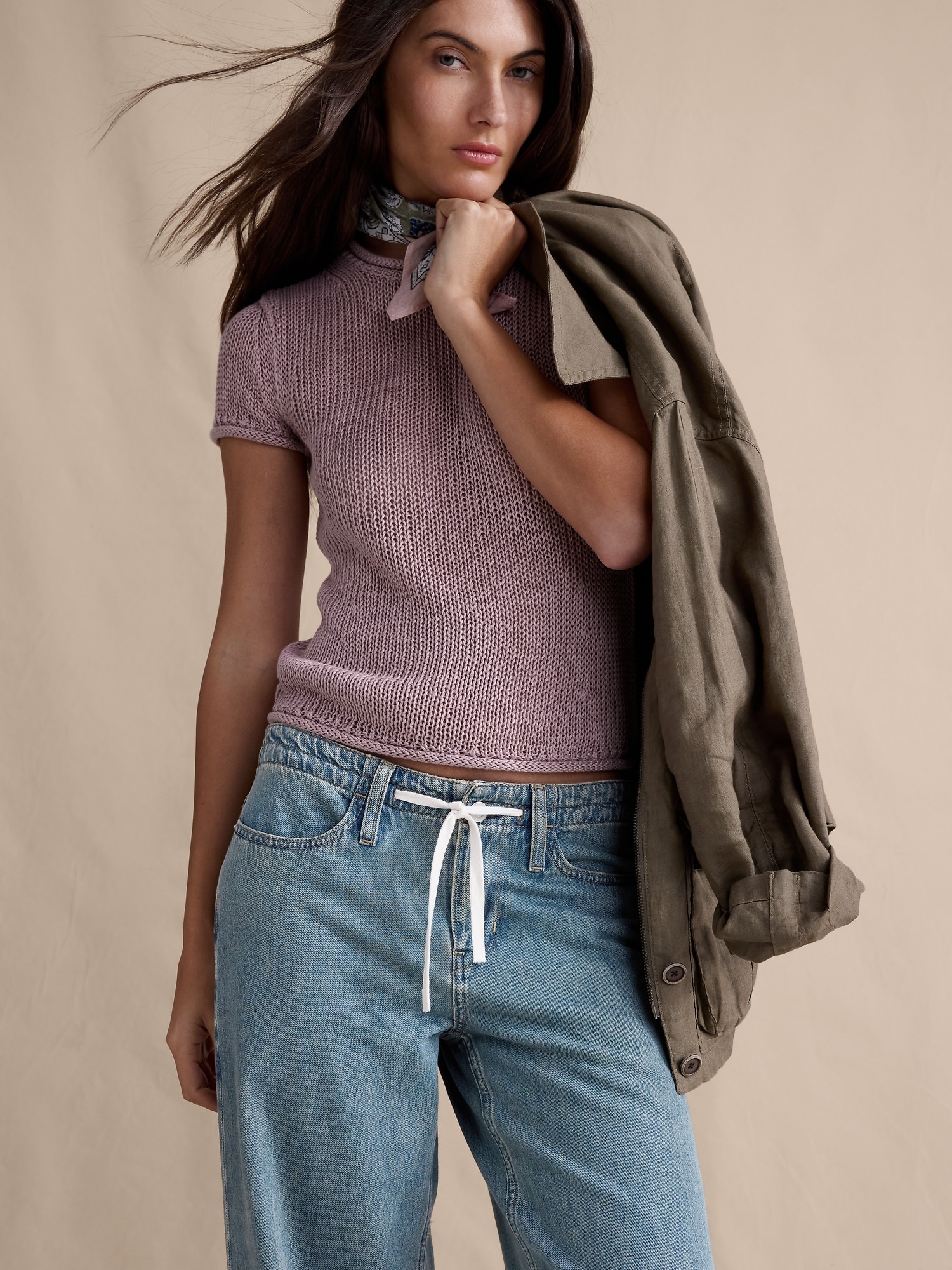 ミッドライズ ワイドレッグ ドローストリング ジーンズ-3