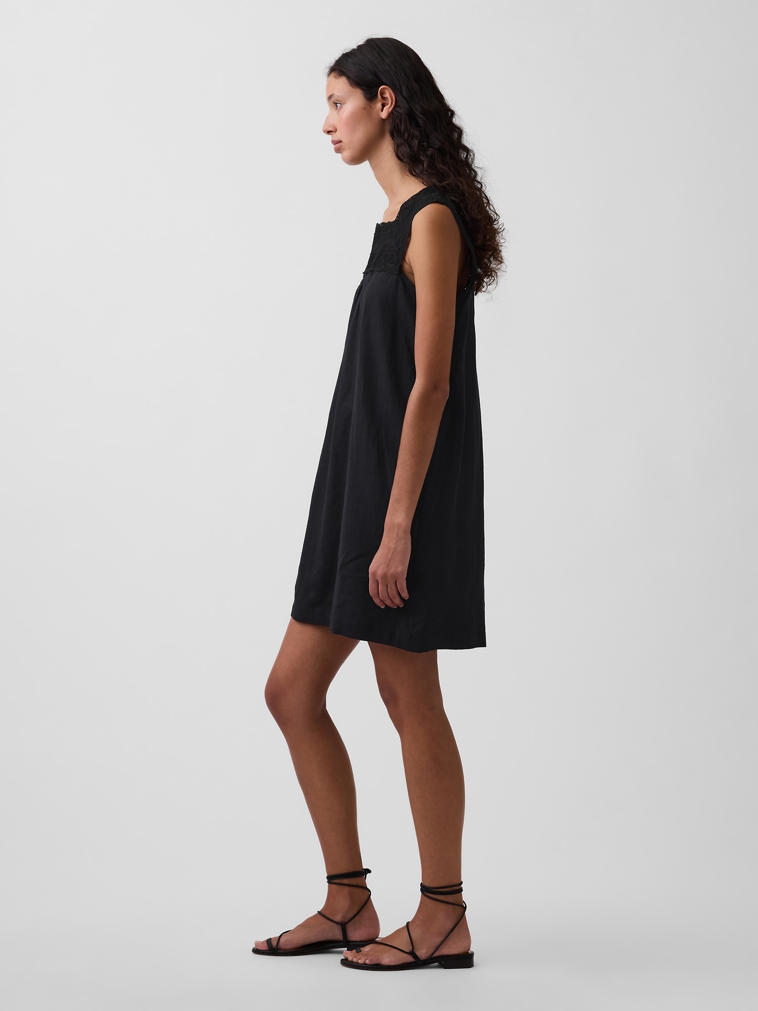 Linen-Blend Crochet Yoke Mini Dress