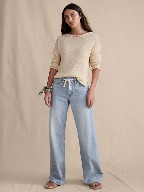 ミッドライズ ワイドレッグ ドローストリング ジーンズ