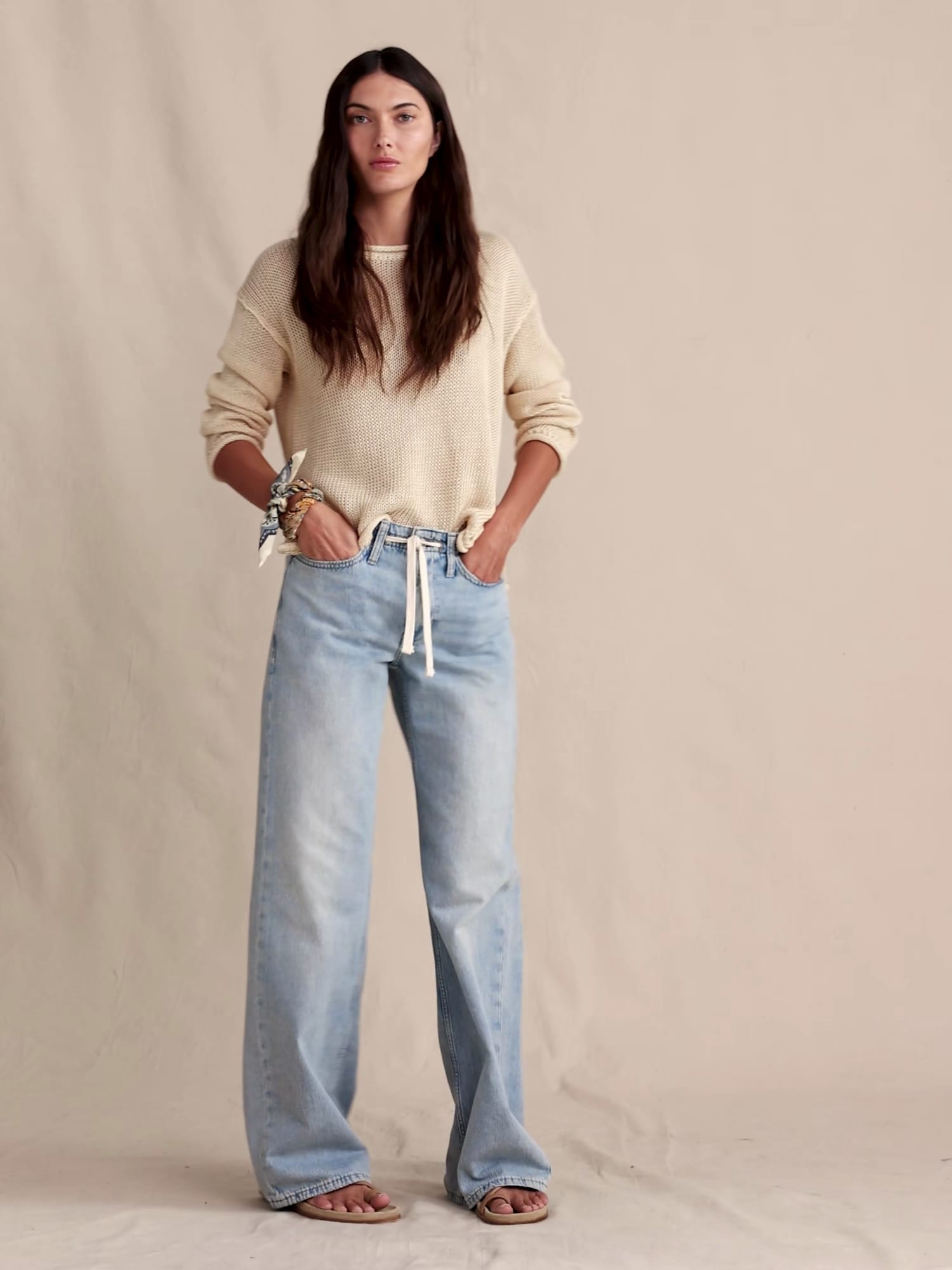 ミッドライズ ワイドレッグ ドローストリング ジーンズ-7