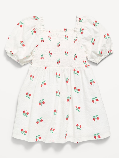 ROBE À SMOCKS AJUSTÉE ET ÉVASÉE À MANCHES BOUFFANTES ET À MOTIF POUR TOUTE-PETITE