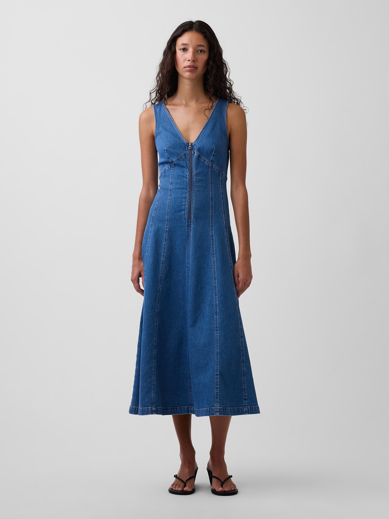 Denim Zip-Front Midi Dress