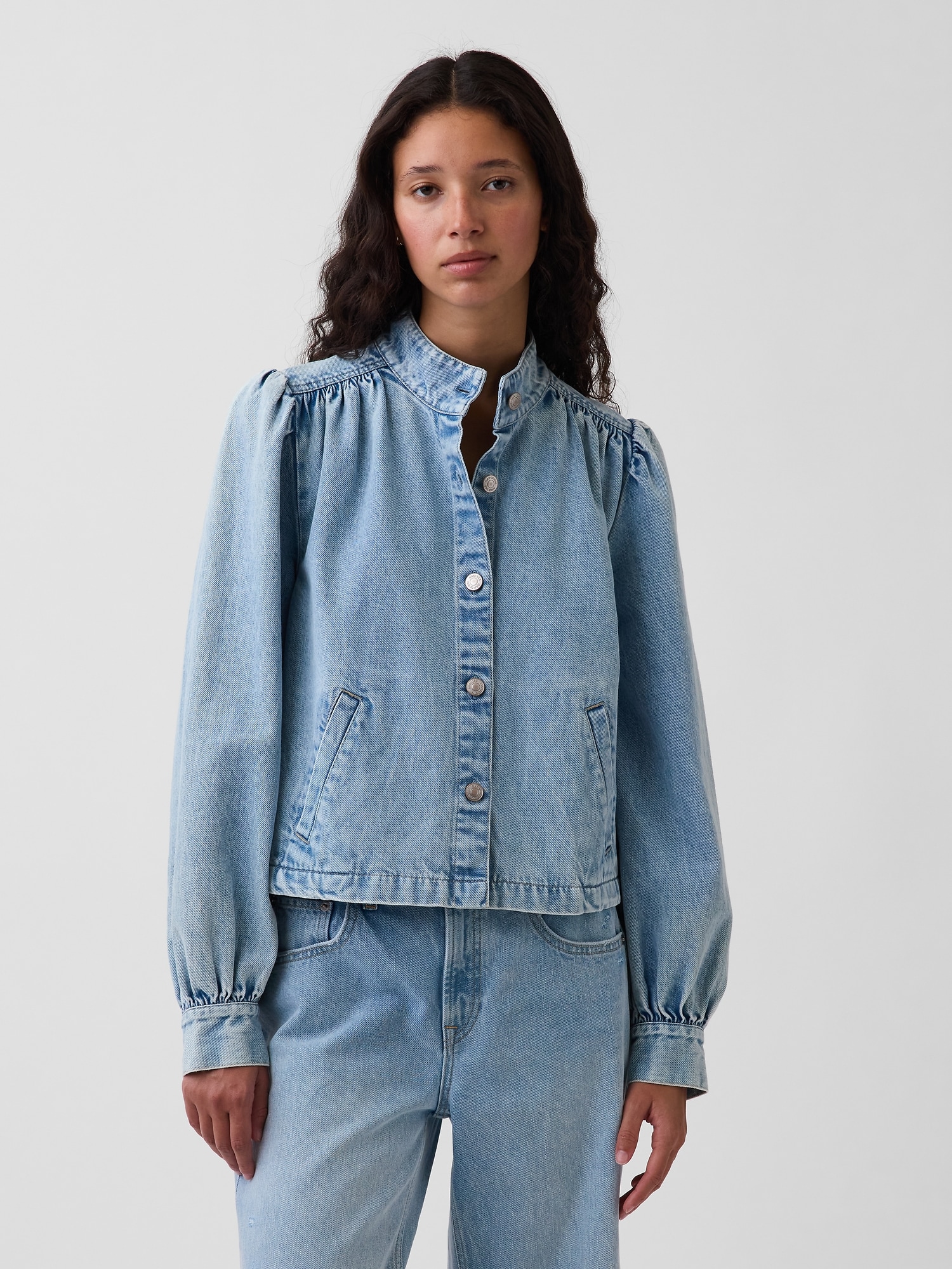 Denim Balloon-Sleeve Crop Swing Jacket