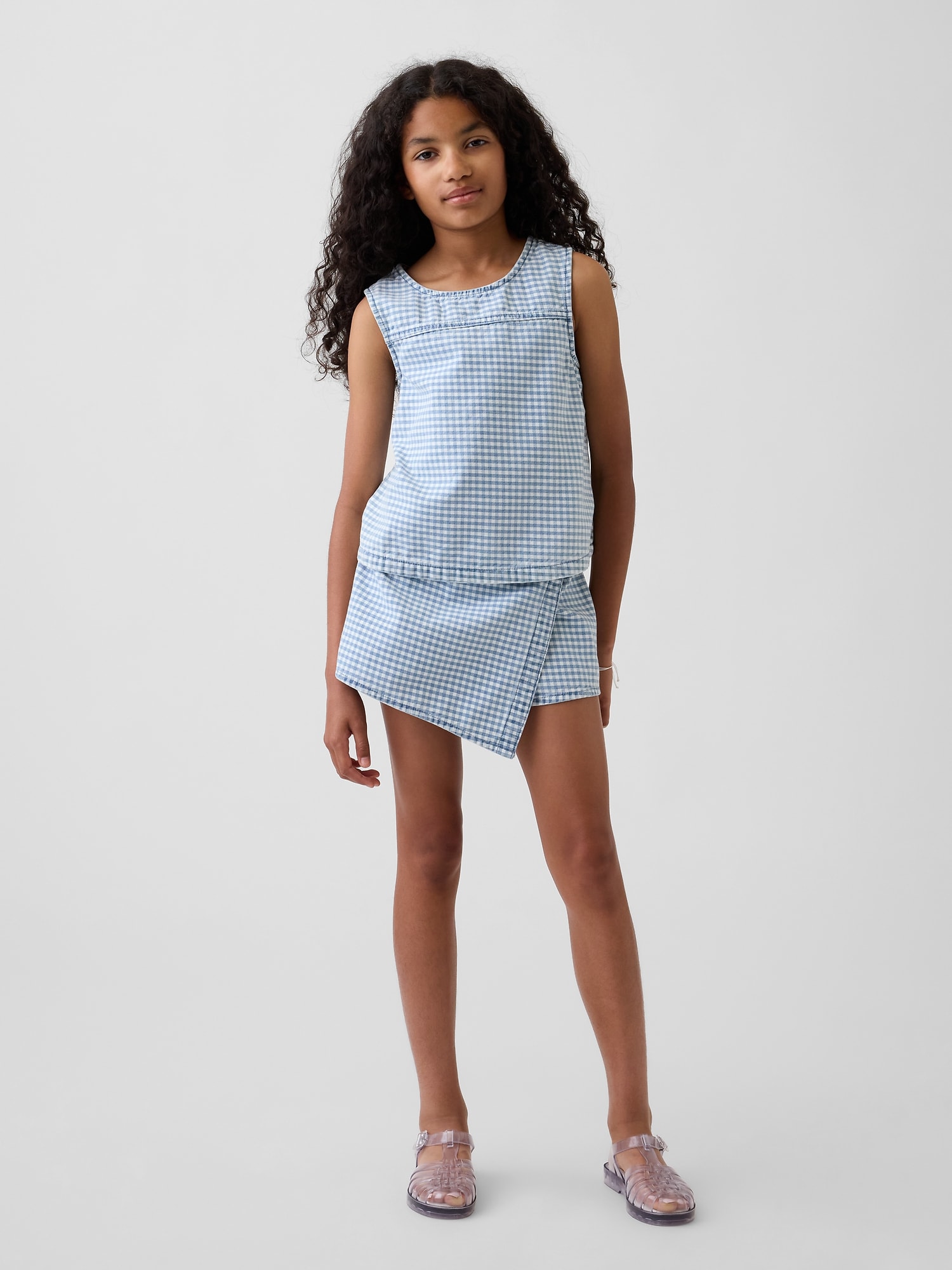 Kids Gingham Denim Wrap-Front Mini Skort