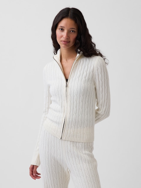 CashSoft Cable-Knit Crop Zip Cardigan