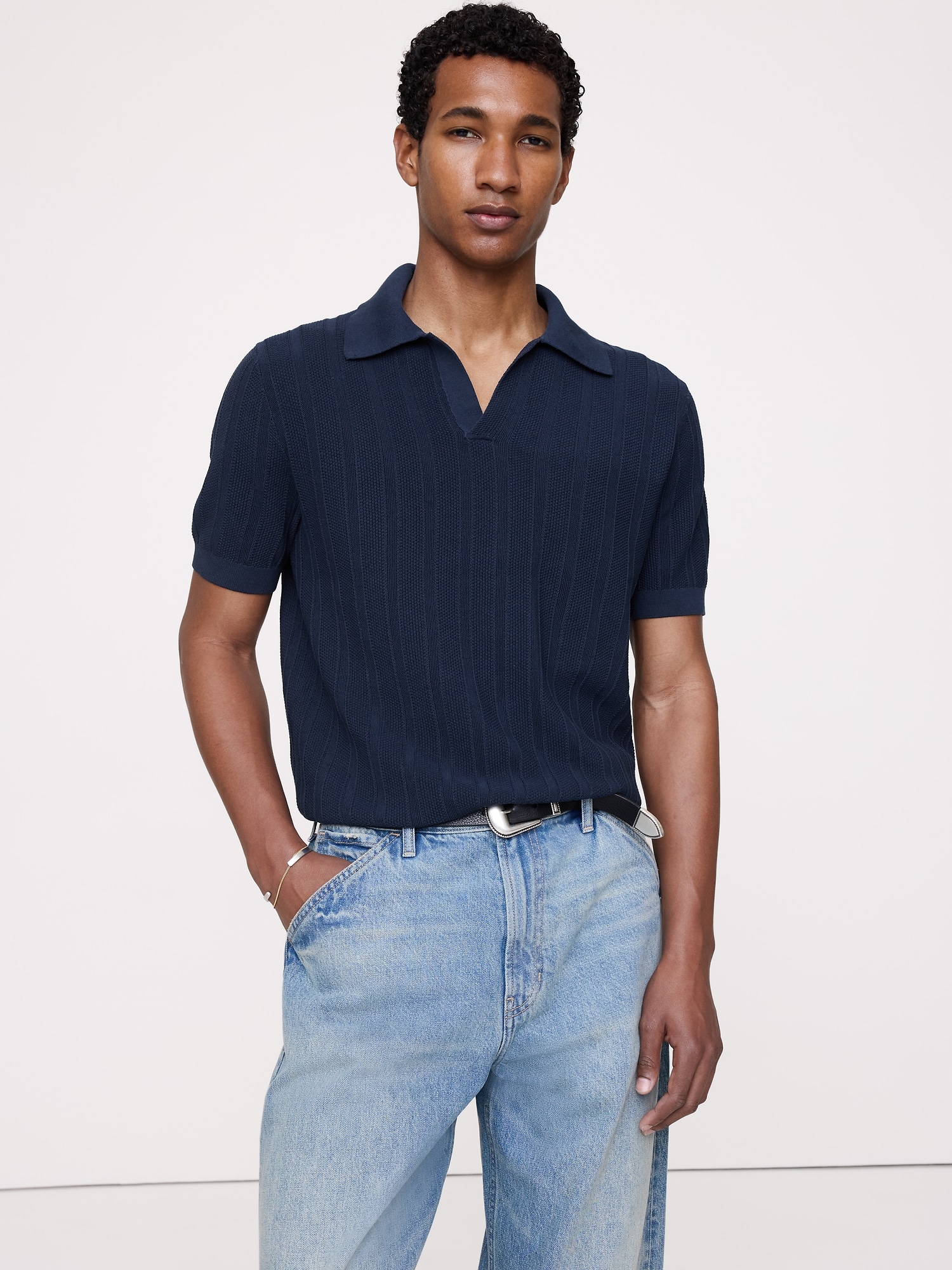 CHANDAIL POLO EN COTON TEXTURÉ À RAYURES