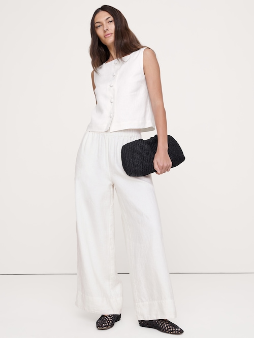 ハイライズ ワイドレッグ リネン プルオンアンクルパンツ