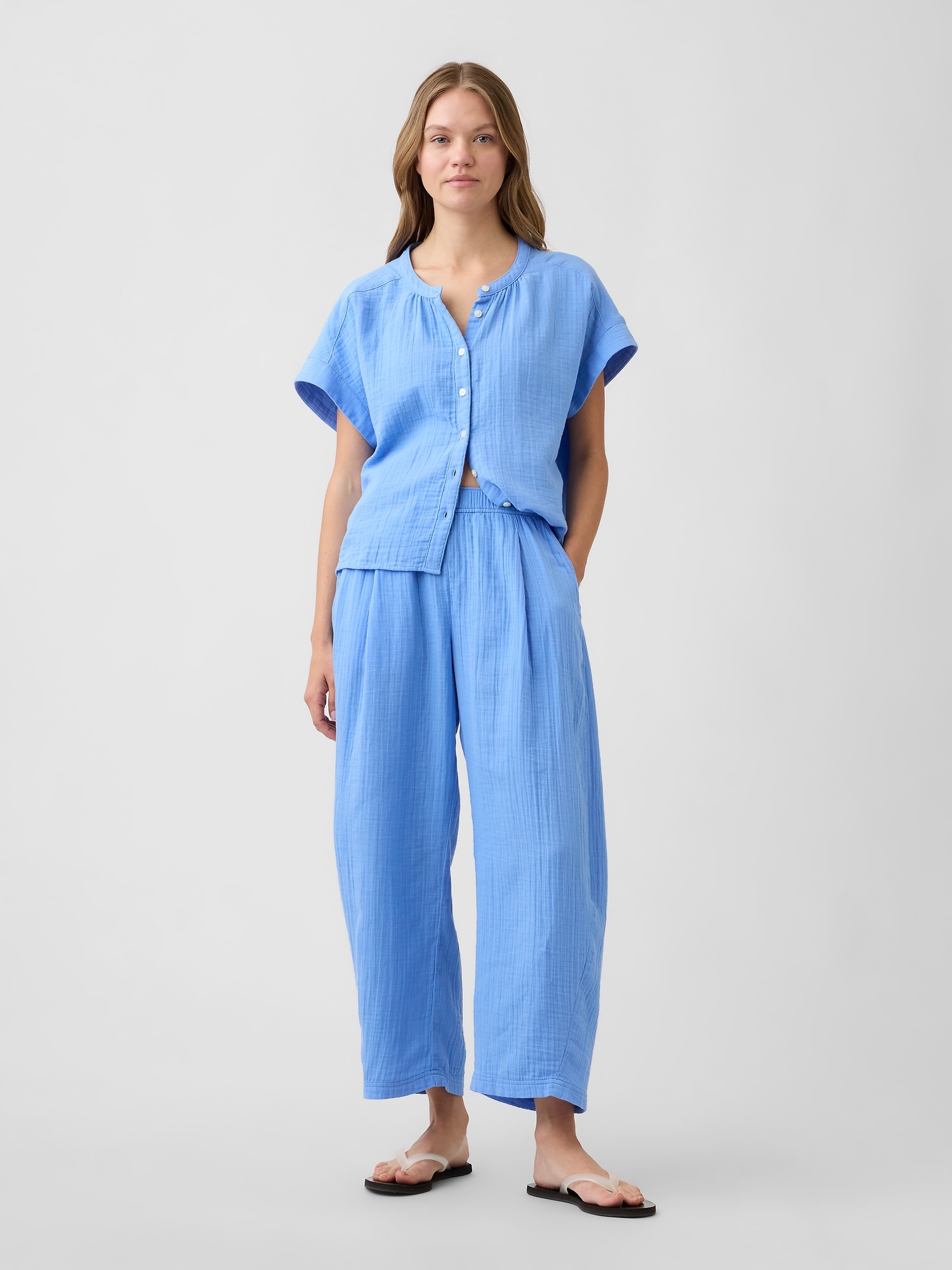 Mid Rise Pull-On Barrel Gauze Pants