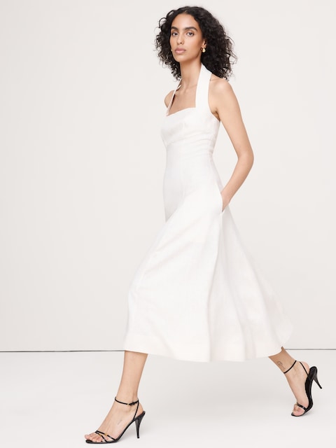 ROBE MI-LONGUE À ENCOLURE BAIN DE SOLEIL EN LIN