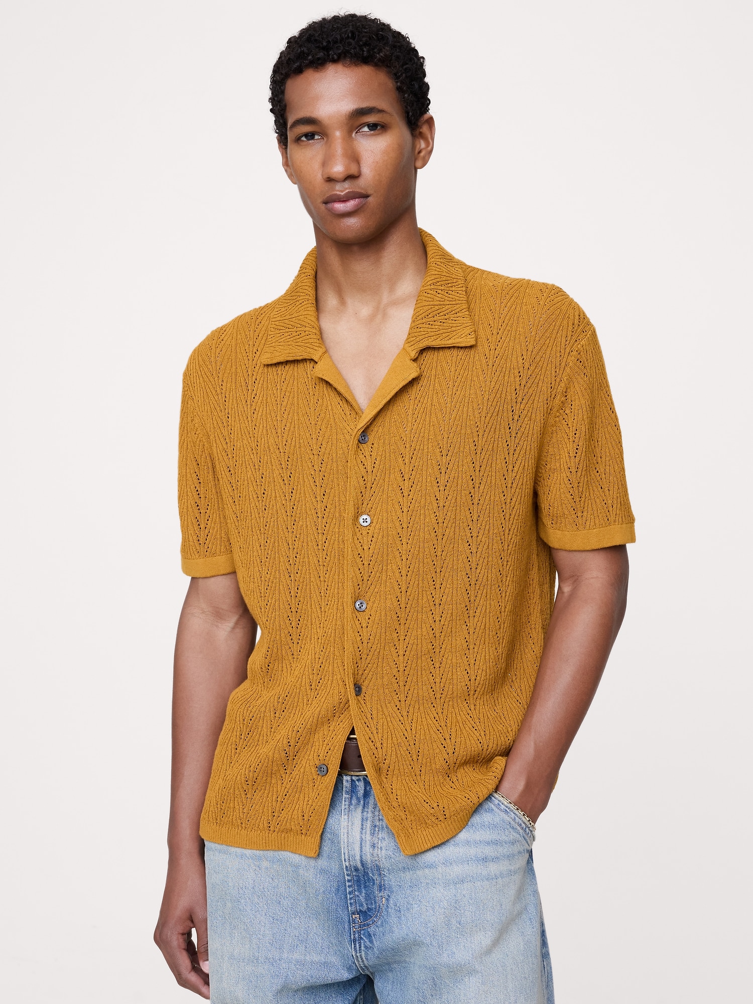 Pointelle Linen-Cotton Blend Polo Cardigan