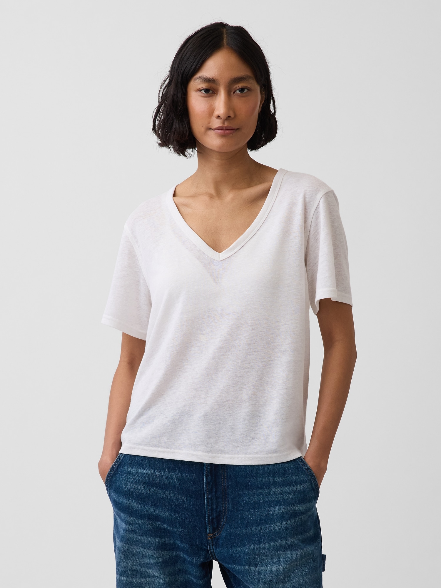 Linen-Blend Relaxed V-Neck T-Shirt