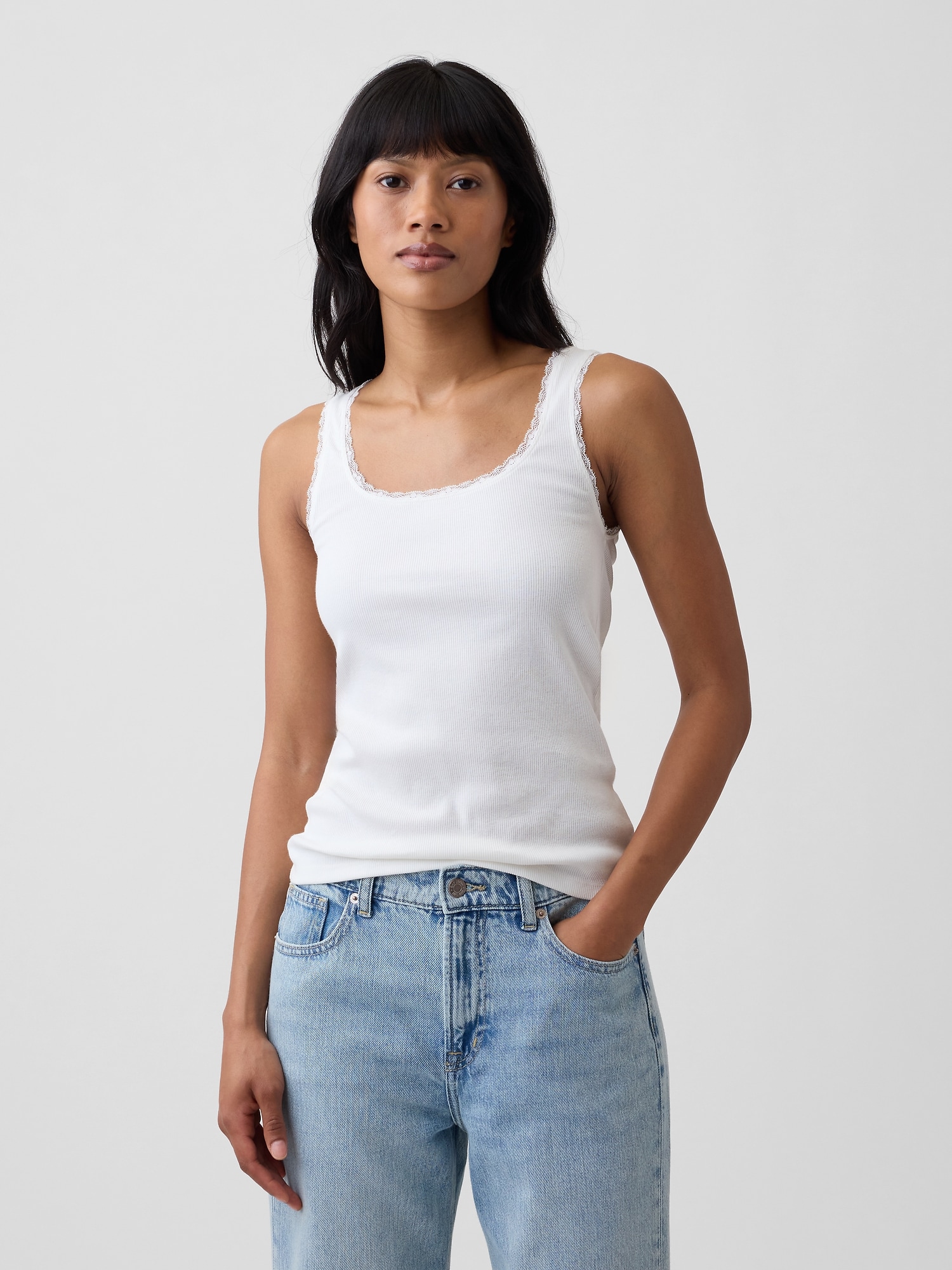 Ribbed Lace-Trim Tank Top
