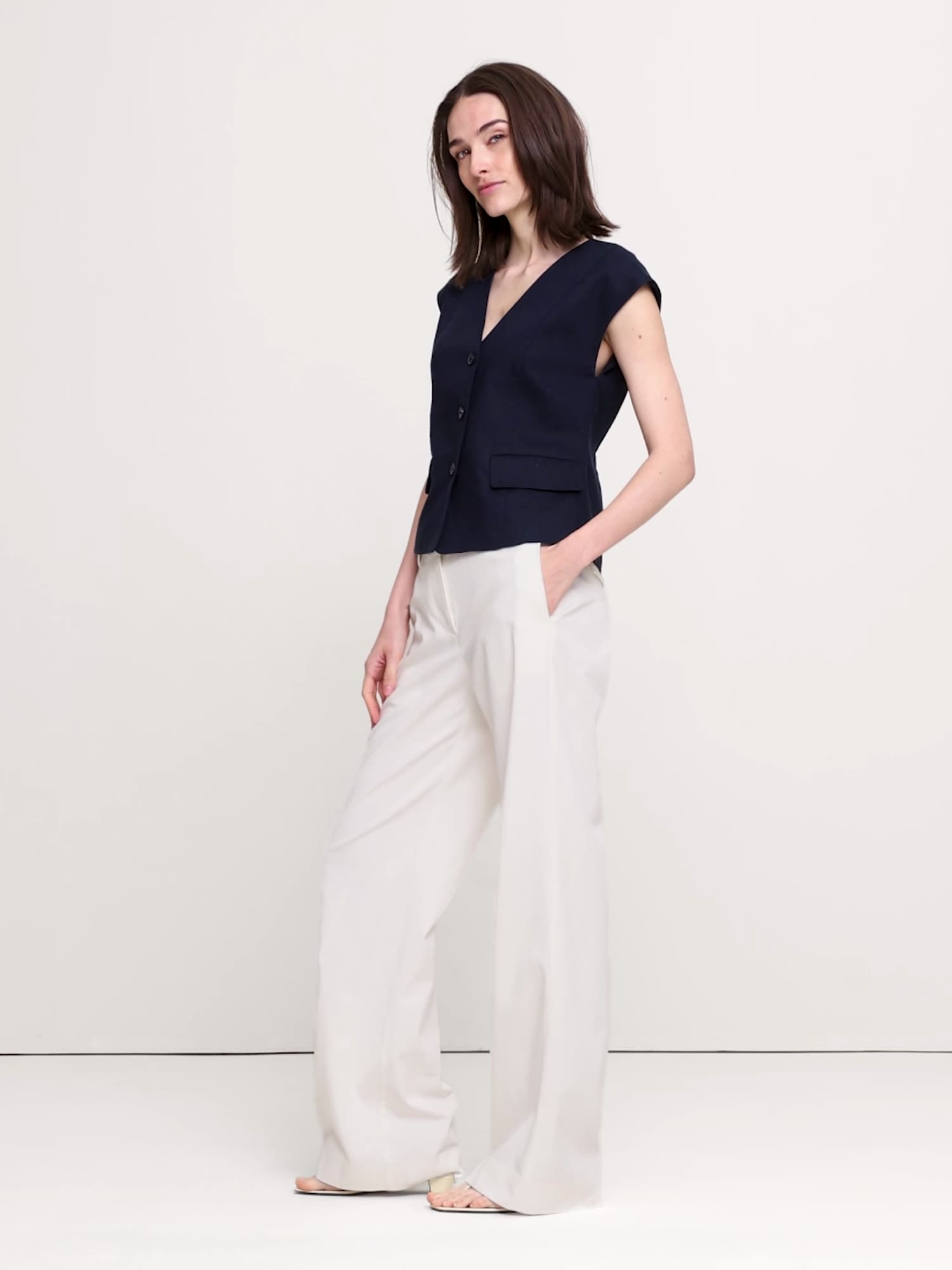 ストレッチ リネン ビスコース ベスト-5