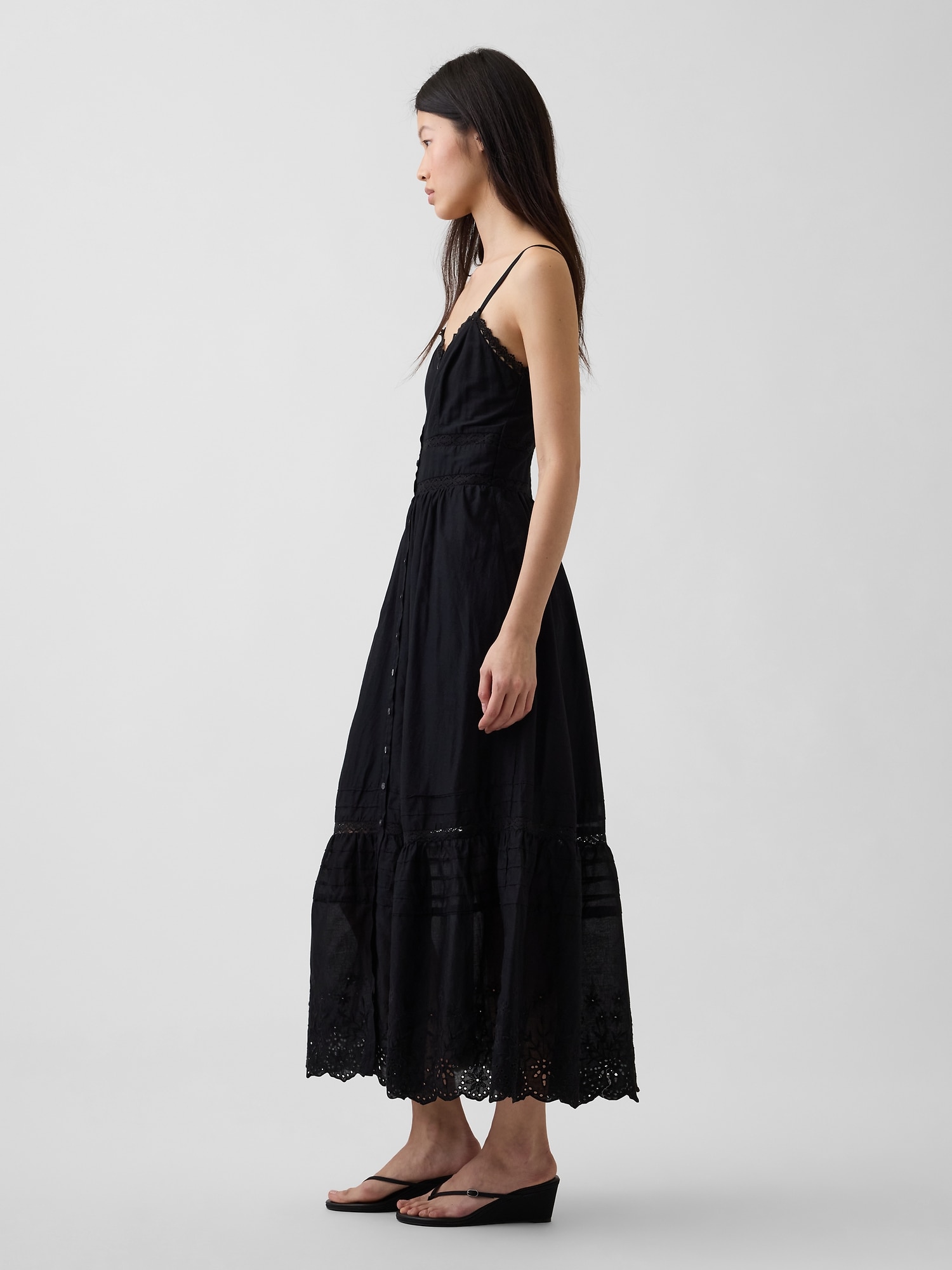 Lace-Trim Button-Front Maxi Dress