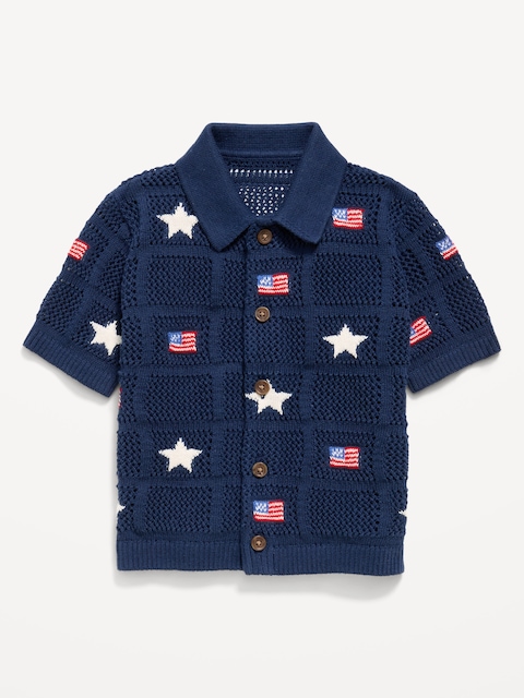 Oversized Short-Sleeve Crochet-Knit Shirt for Toddler Boys