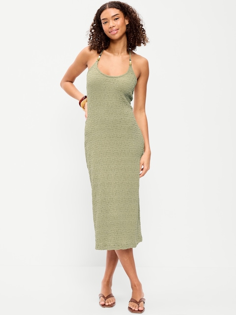 Beaded Halter-Neck Textured Midi Dress