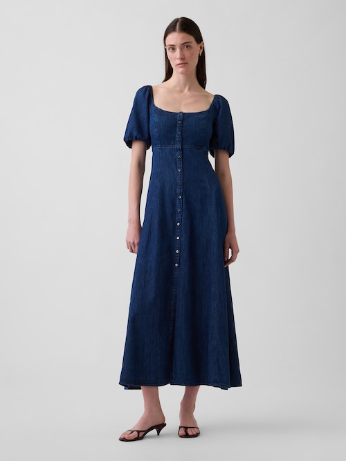 デニム パフスリーブ フロントボタン マキシワンピース