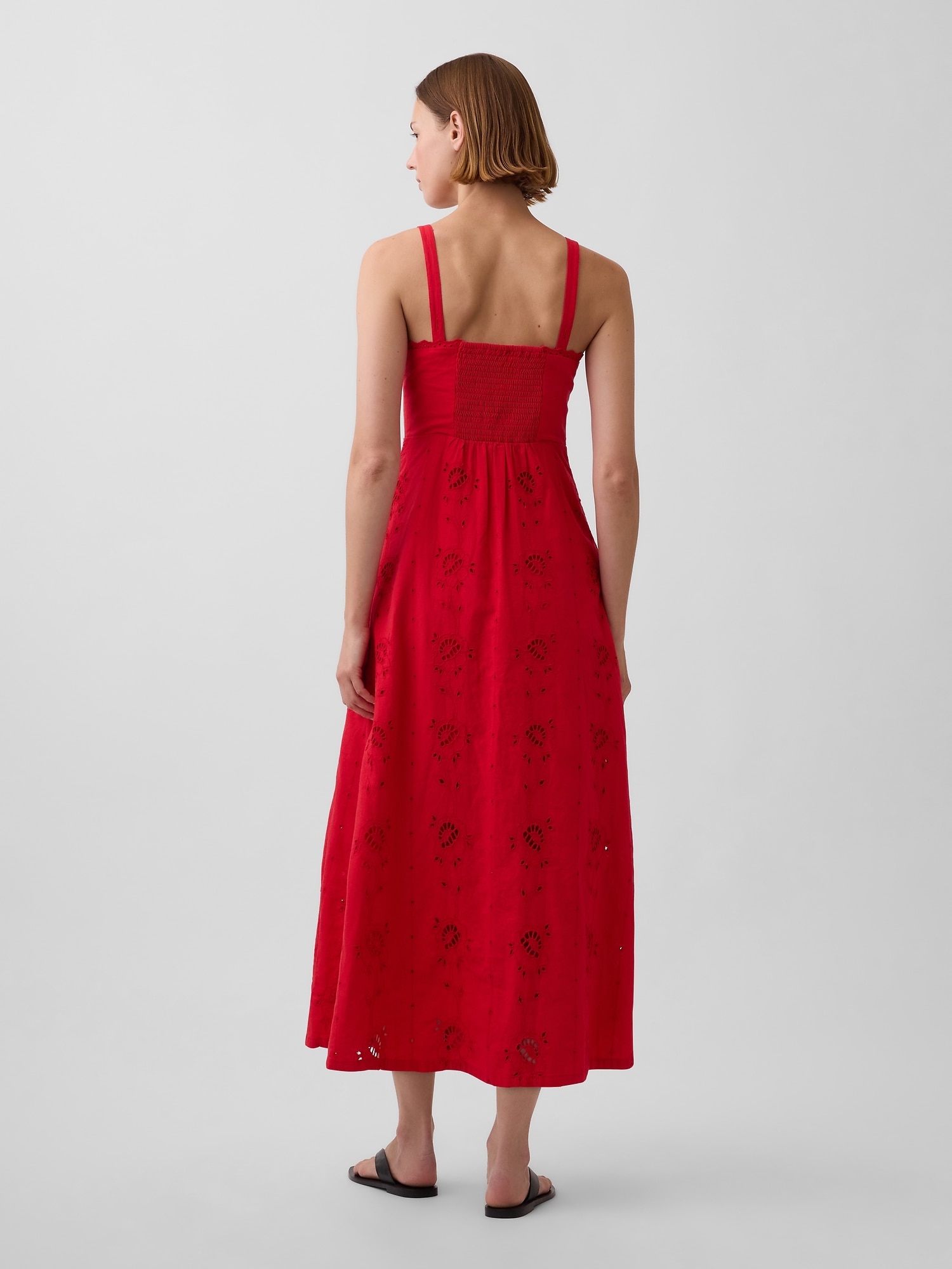Linen-Blend Embroidered Button-Front Cami Maxi Dress