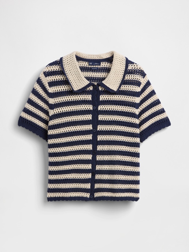 コットン100% クロシェ リラックスフィット ニットシャツ-4