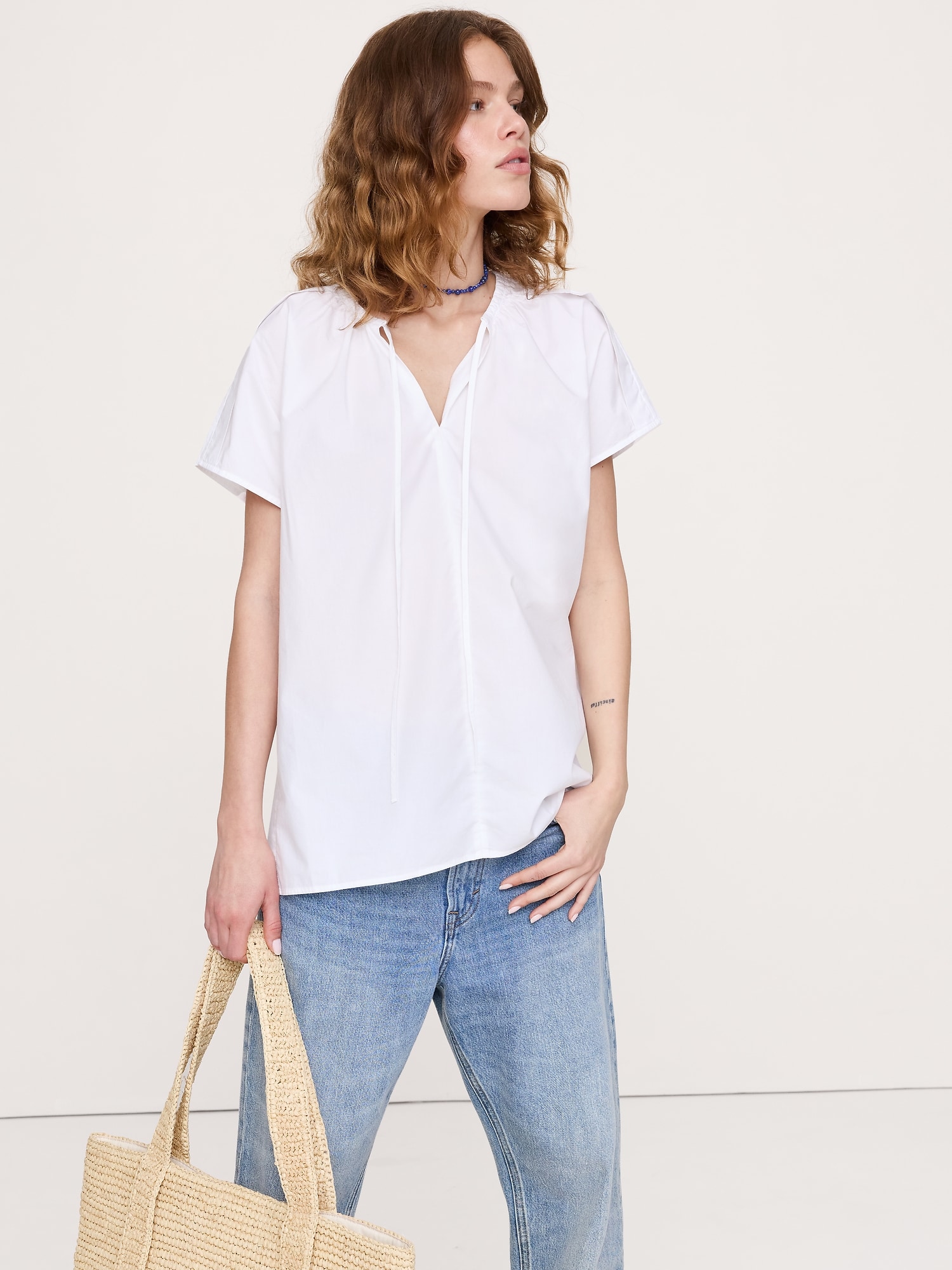 コットン ポプリン スプリットネック チュニック-0