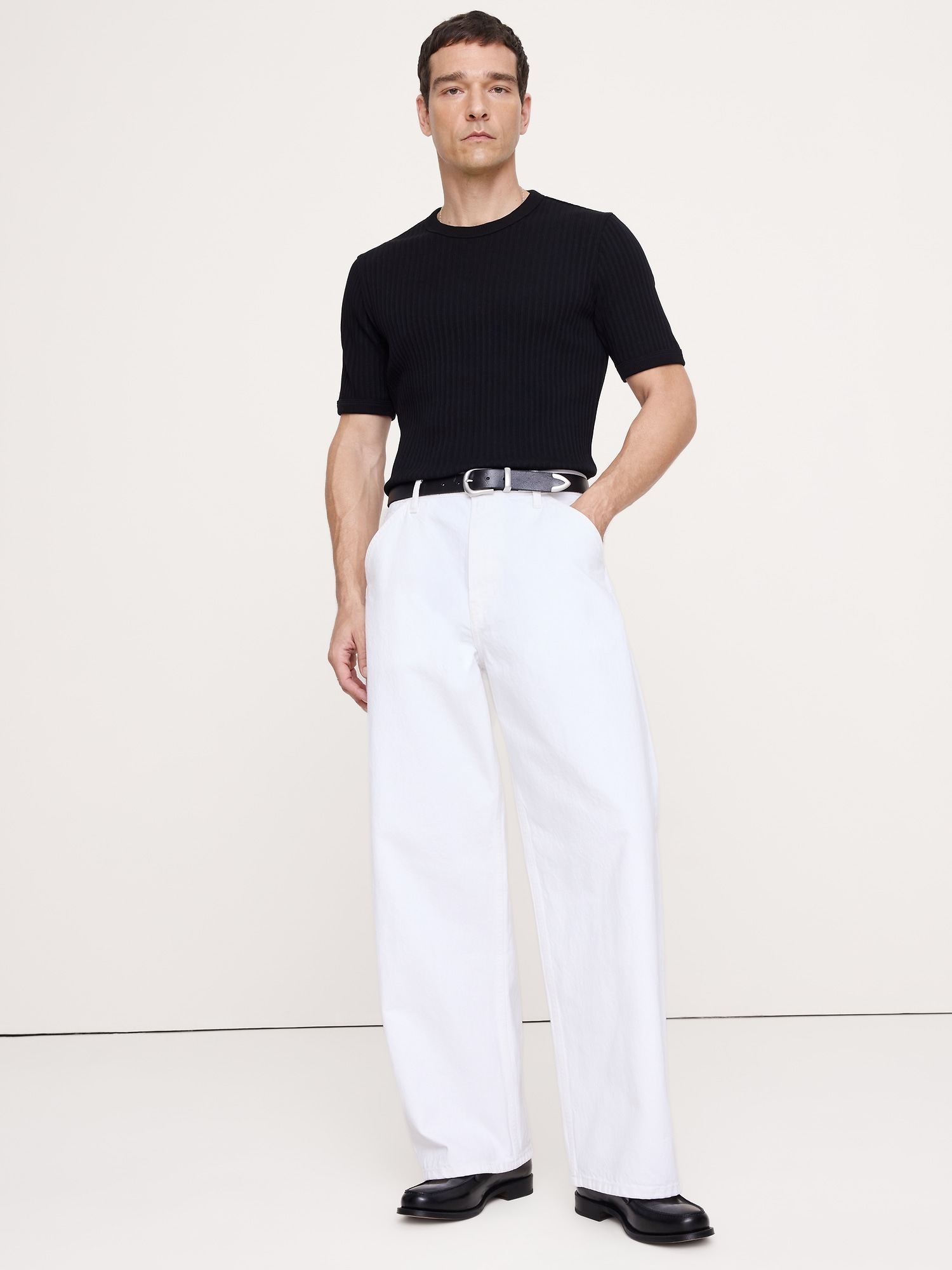 リブ ストレッチコットン クルーネックTシャツ-0