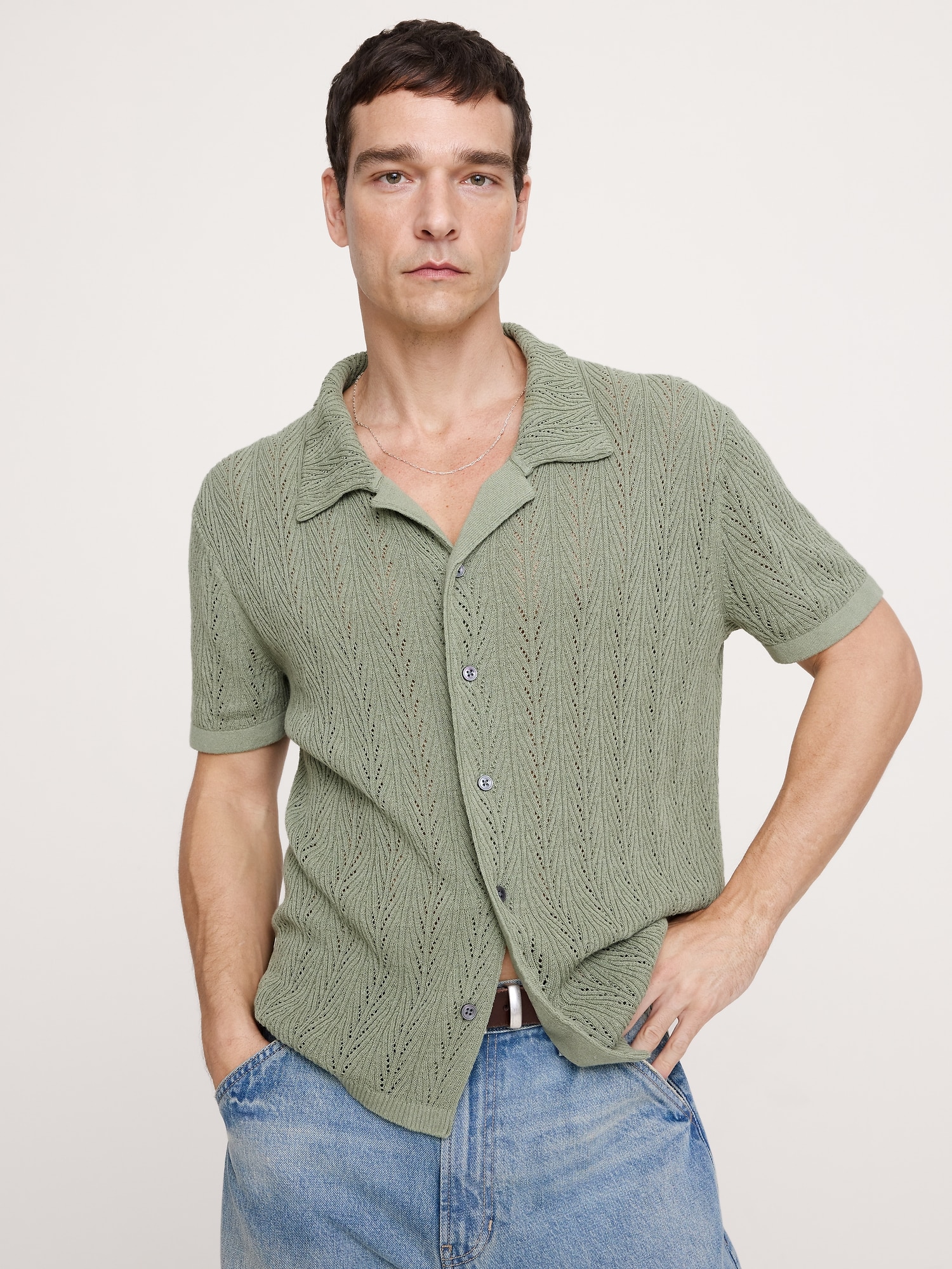 Pointelle Linen-Cotton Blend Polo Cardigan