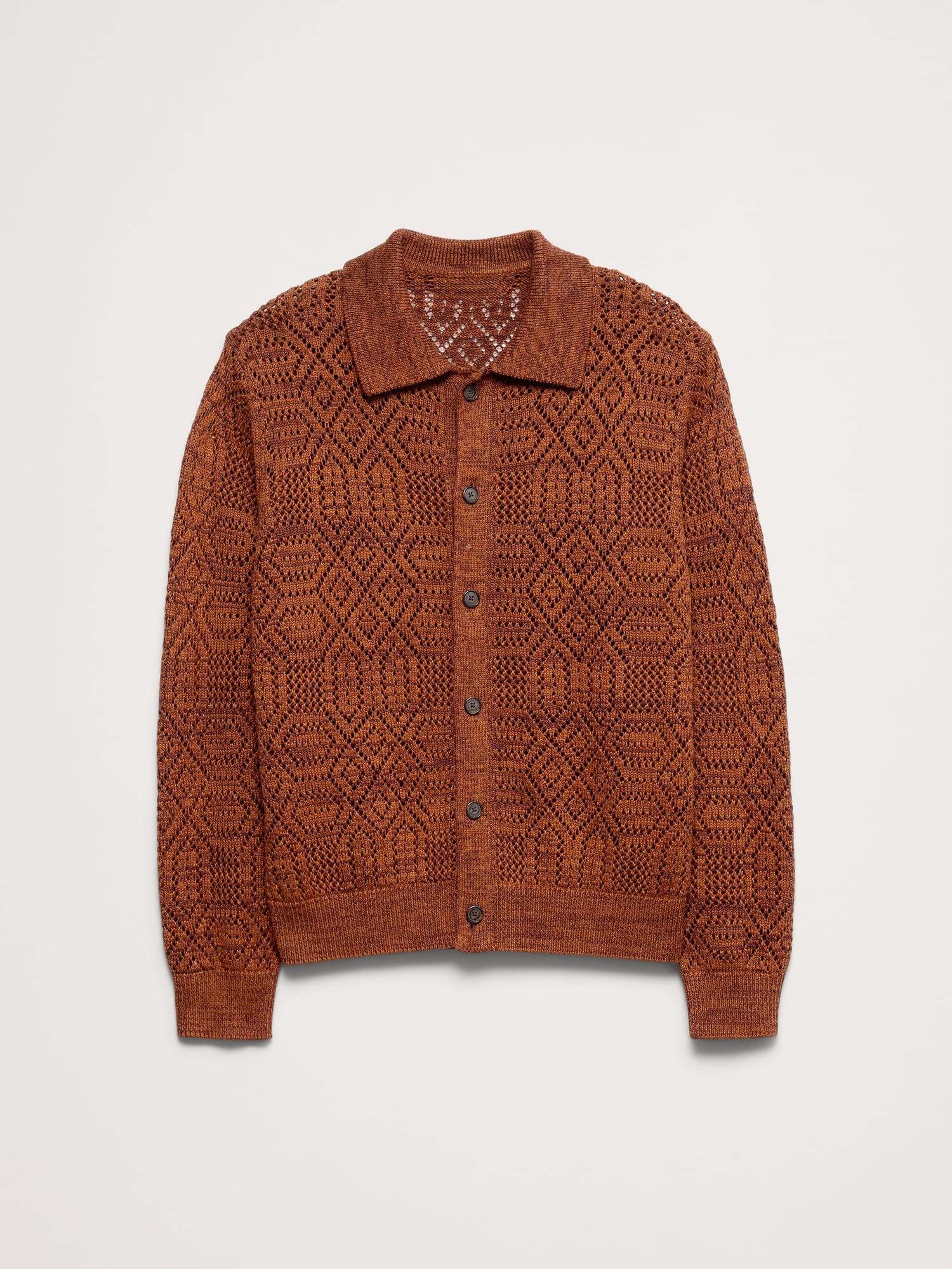 Linen-Cotton Pointelle Polo Cardigan