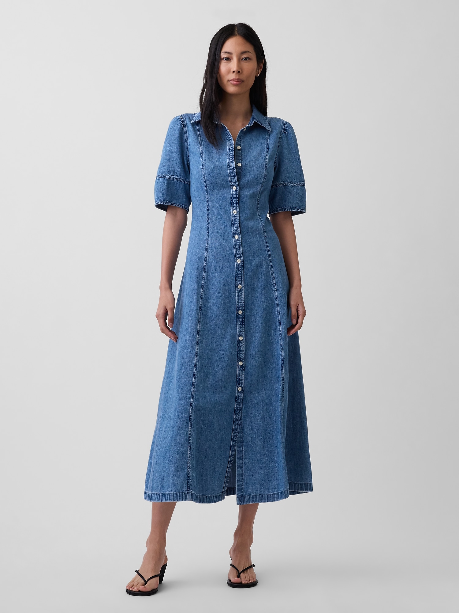 Denim Barrel-Sleeve Midi Shirtdress