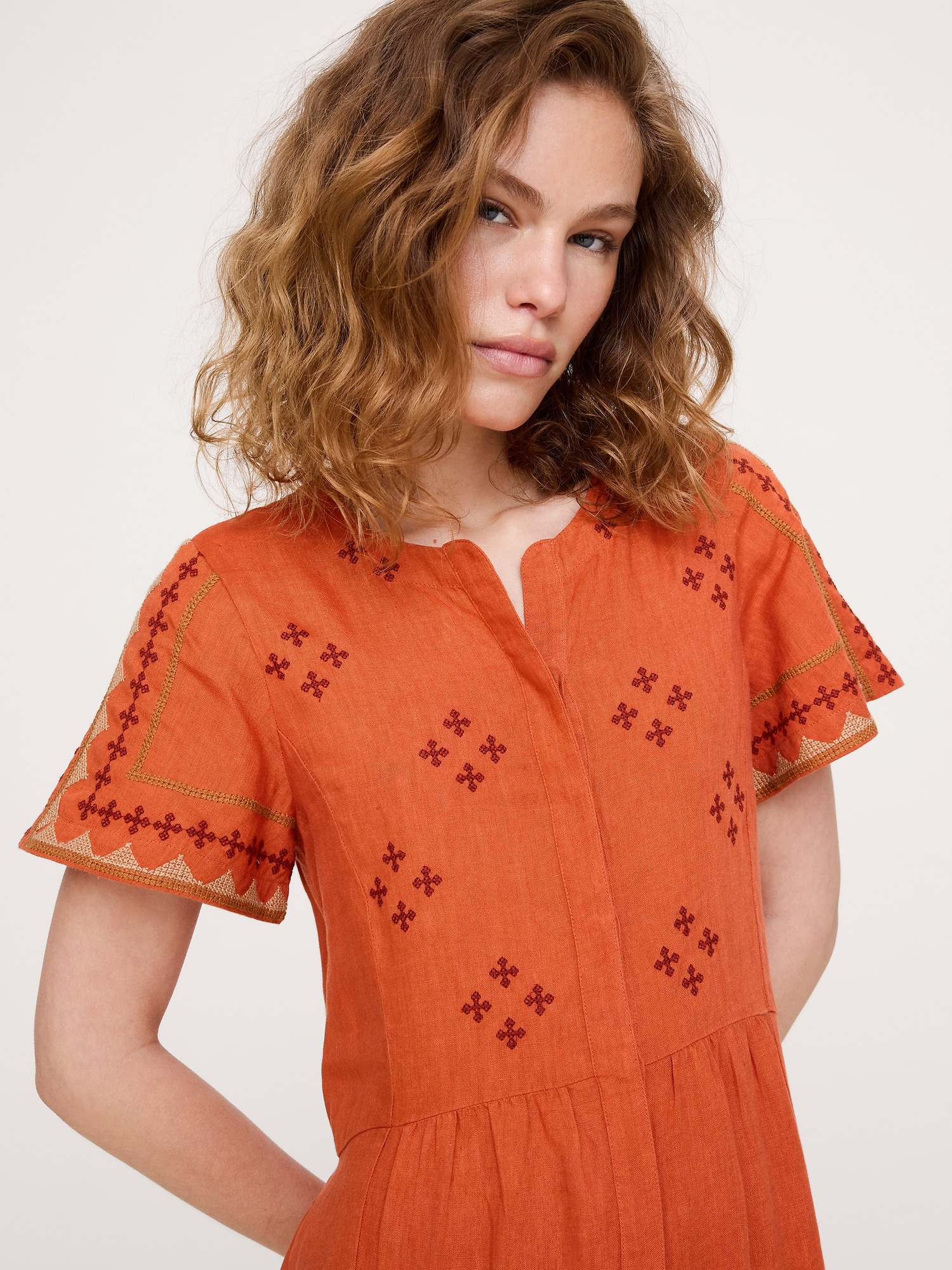 Embroidered Linen Tiered Maxi Dress