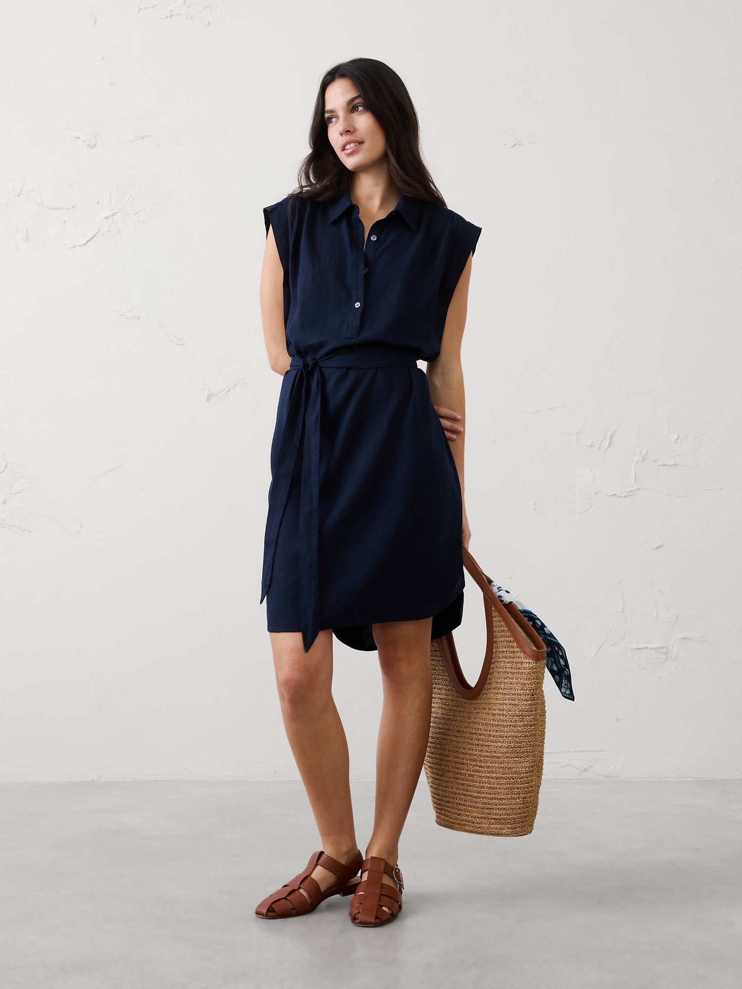 Linen-Blend Knee-Length Shirtdress