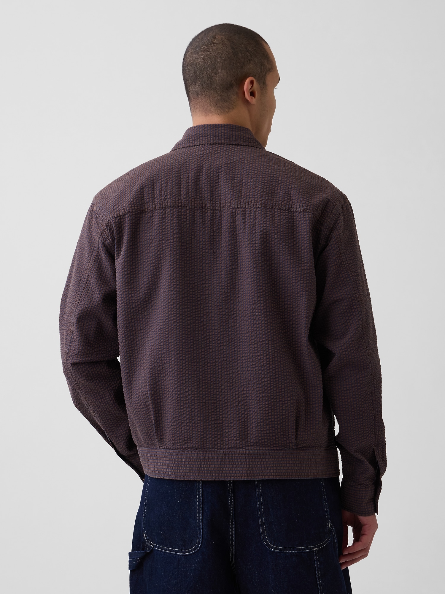 Textured Gingham Zip Shirt Jacket