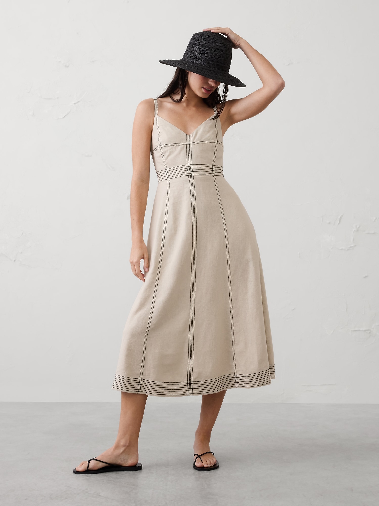 Linen-Blend Contrast Stitch Midi Dress